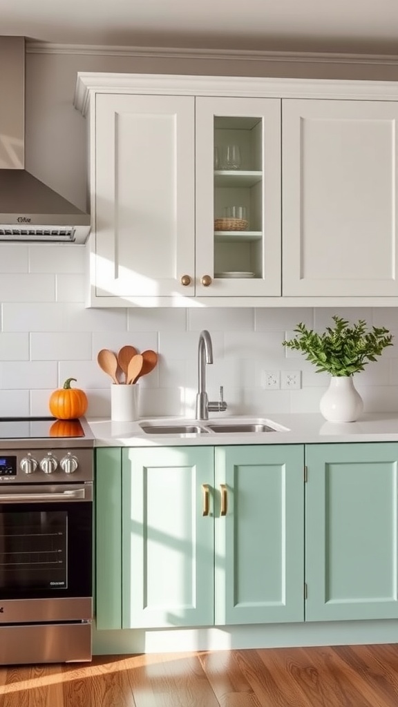 A kitchen with mint green and white two-toned cabinets, featuring gold hardware and a modern design.