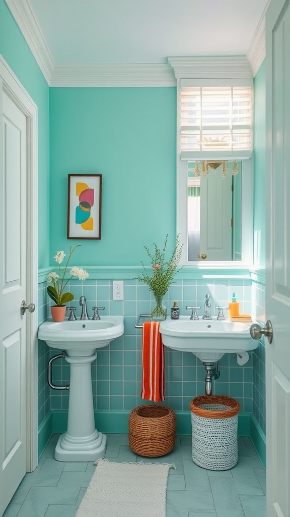 A bright bathroom featuring mint green walls, white sinks, and decorative plants, creating a fresh and inviting atmosphere.