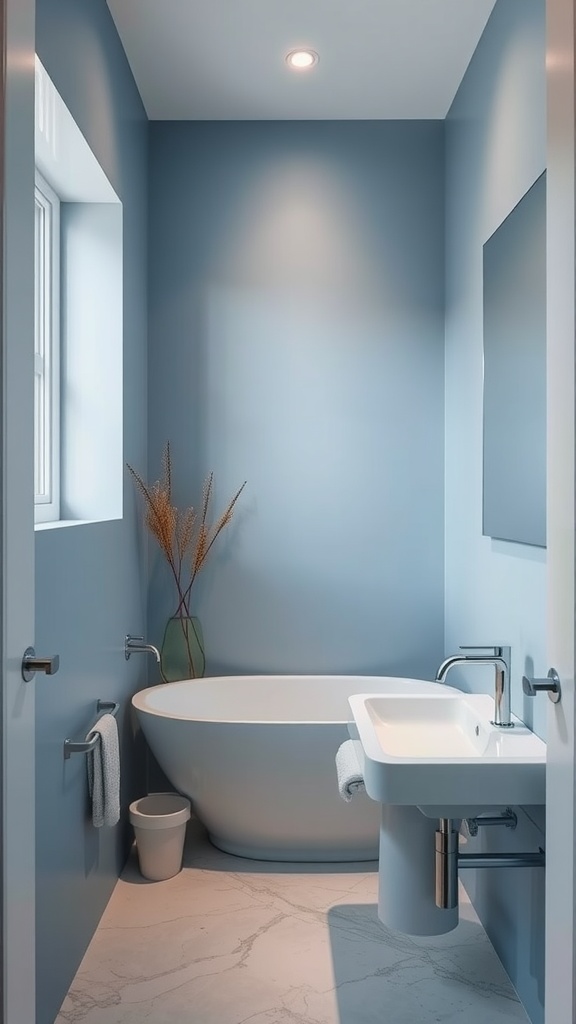 A modern bathroom with frosted blue walls, a white bathtub, and minimalist fixtures.