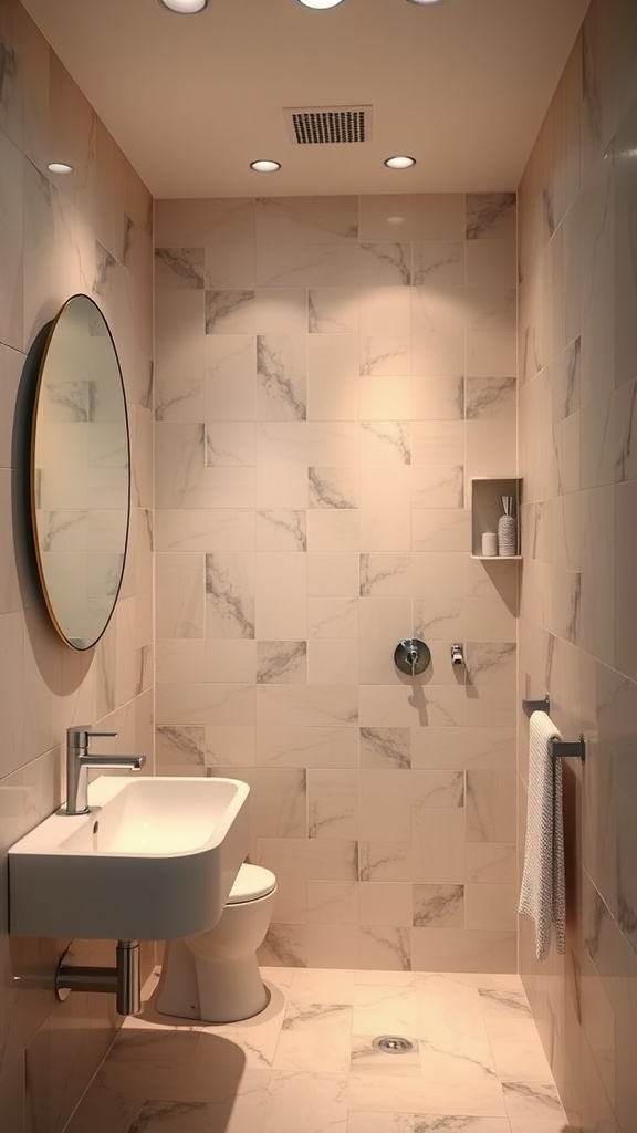 A modern bathroom featuring soft lighting and a frosted glass effect