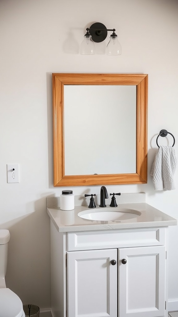 Modern bathroom with a wooden-framed mirror above a sink and black fixtures