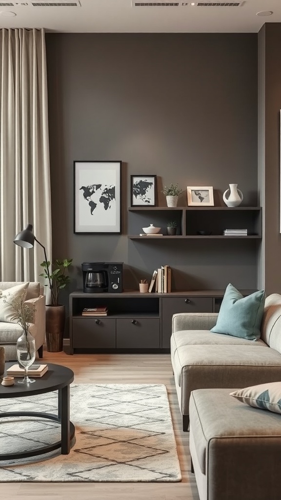 A modern farmhouse living room showcasing a coffee station with a coffee machine, stylish decor, and cozy seating