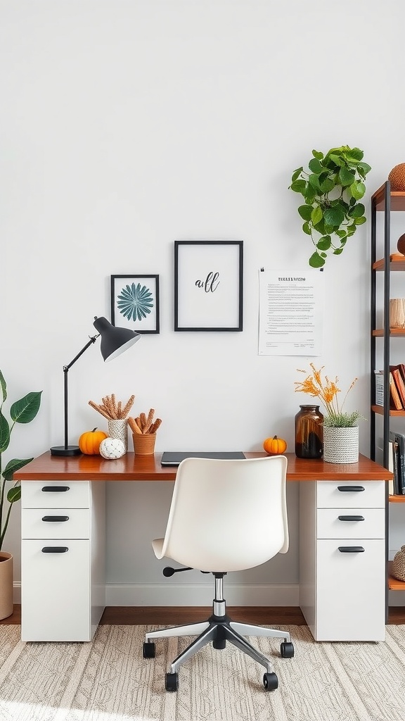 Cozy fall home office with a wooden desk, white chair, pumpkins, and plants