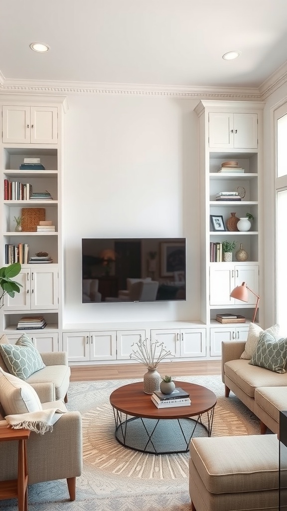 Modern farmhouse living room with built-in shelves and TV