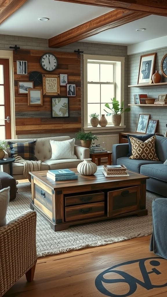Cozy rustic farmhouse living room featuring a functional coffee table with storage.