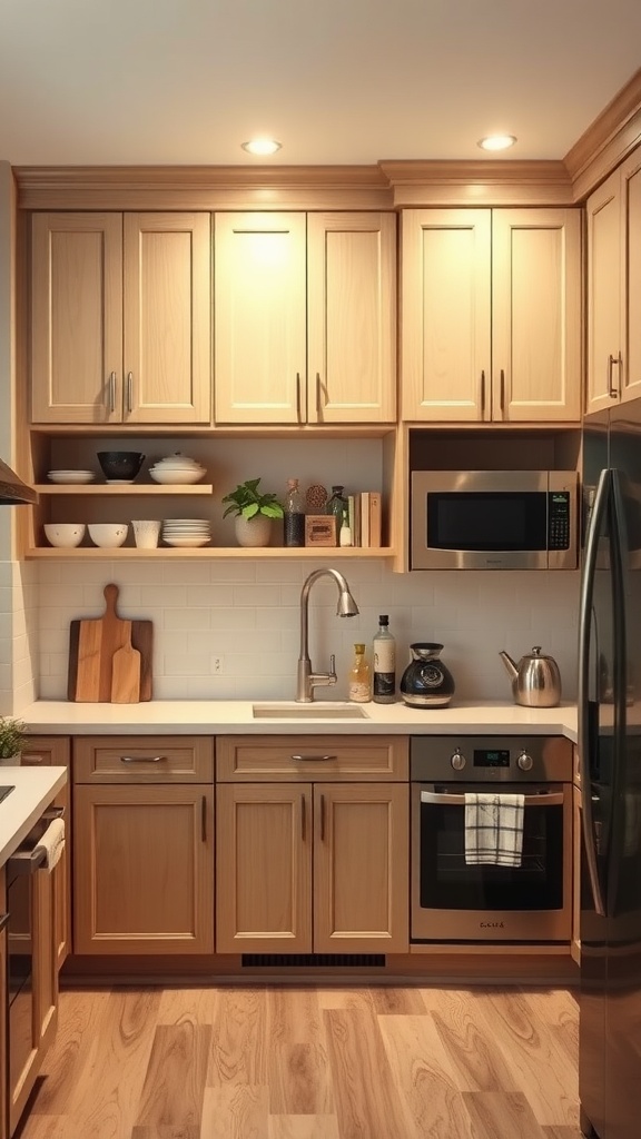 A modern farmhouse kitchen with warm wood corner cabinets, neatly organized with dishes and kitchen essentials.