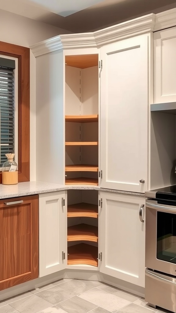 A functional corner cabinet with wooden shelves in a modern kitchen