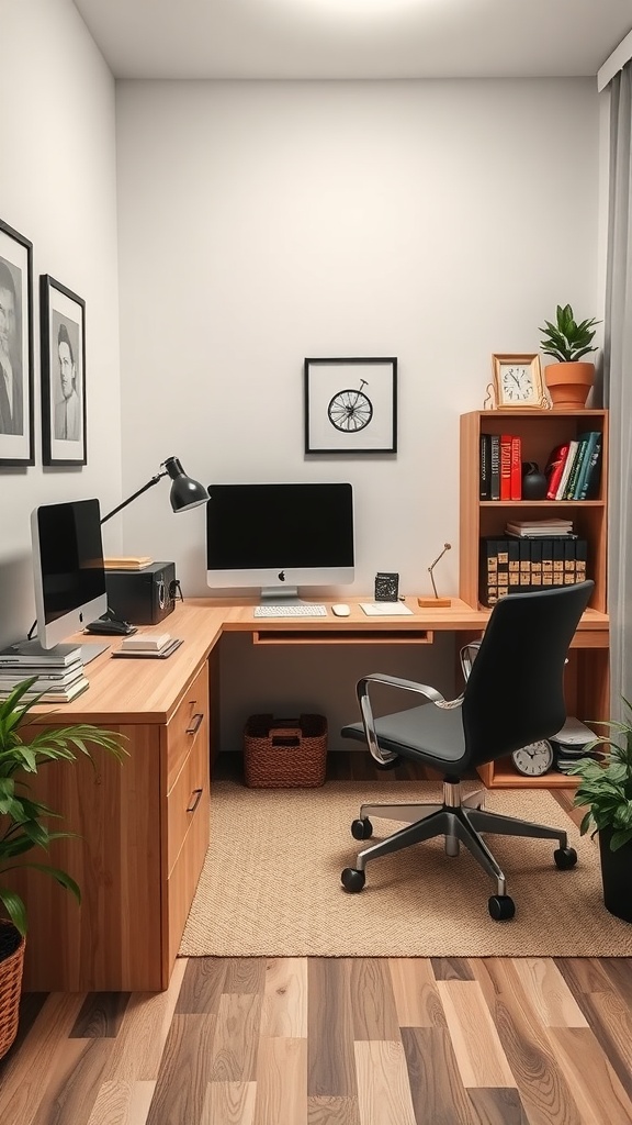 Corner desk setup in a cozy office with plants, computer, and wall art