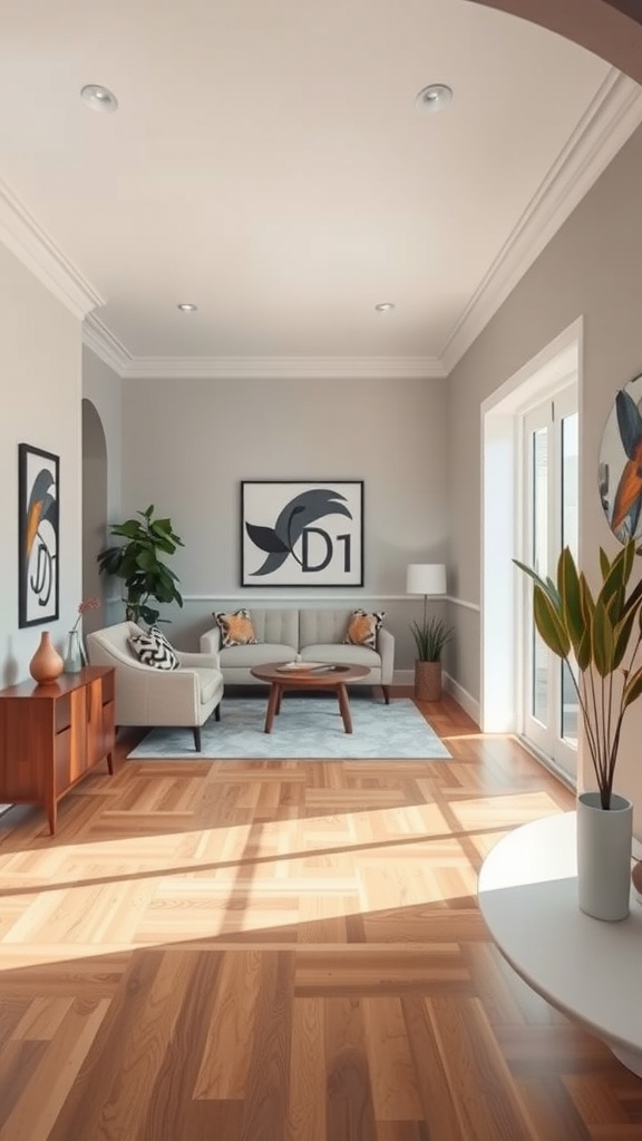 A modern farmhouse living room with a cozy sofa, wooden flooring, and large windows.