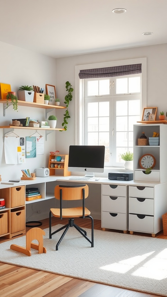 A bright and organized home office with an L-shaped desk, computer, and plants, featuring a cozy atmosphere.