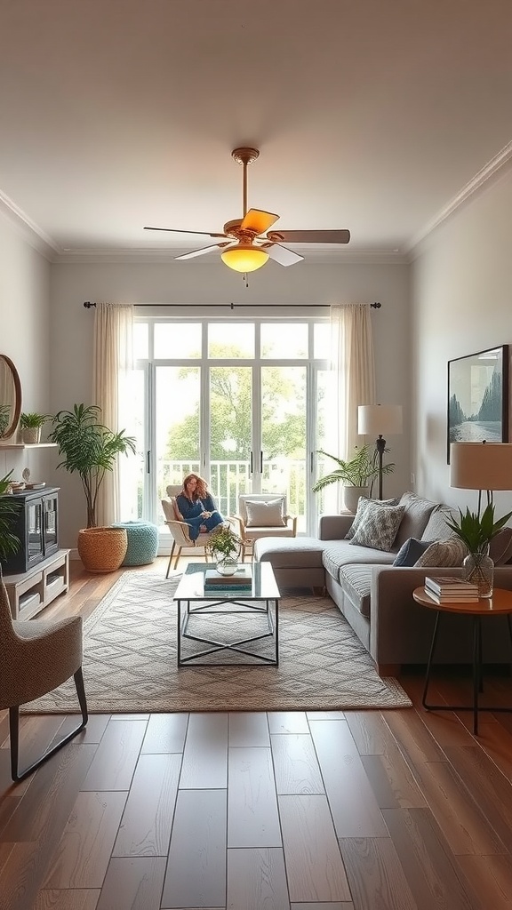 A cozy living room-dining room combo with natural light, plants, and comfortable seating.