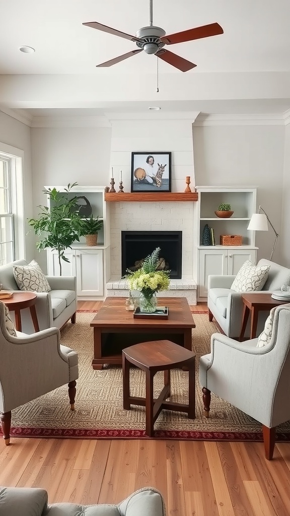 Cozy farmhouse living room with gray chairs and wooden furniture.