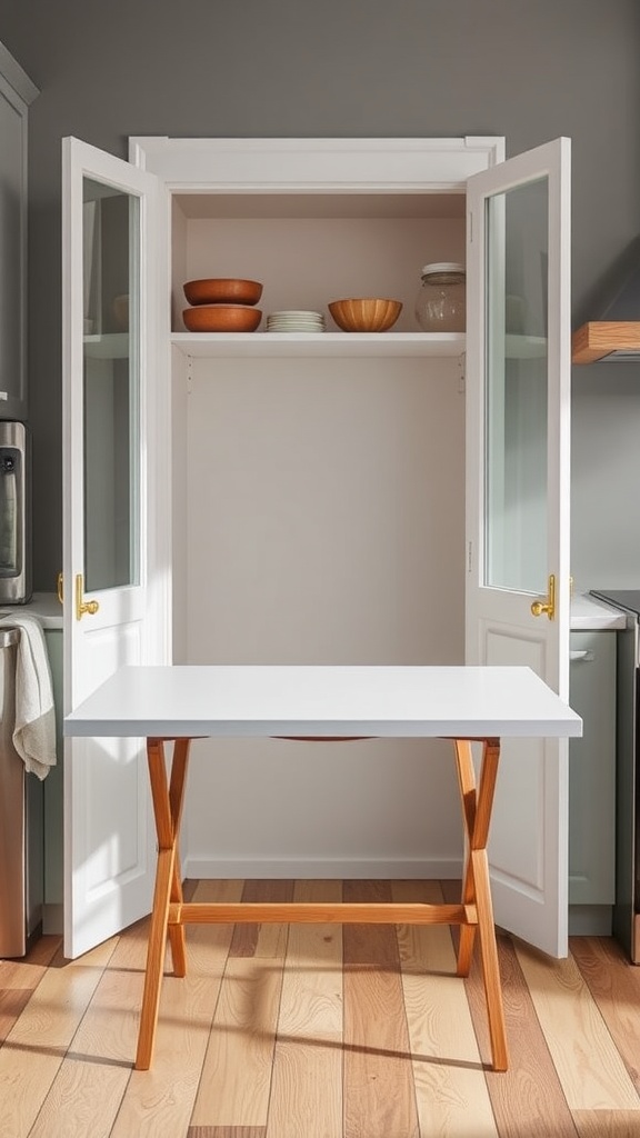 A folding table set up in front of open pantry doors, showcasing a minimalist kitchen design.
