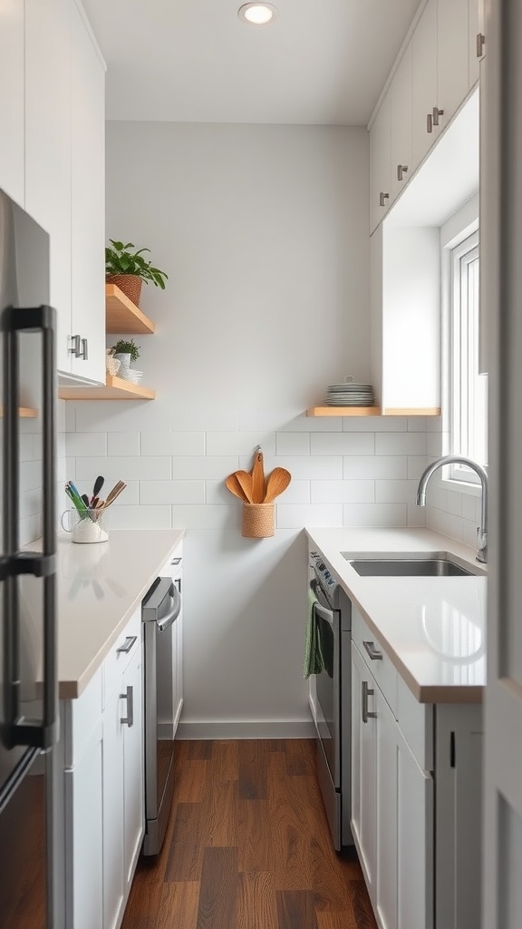 A functional galley kitchen with white cabinetry, stainless steel appliances, and natural light.