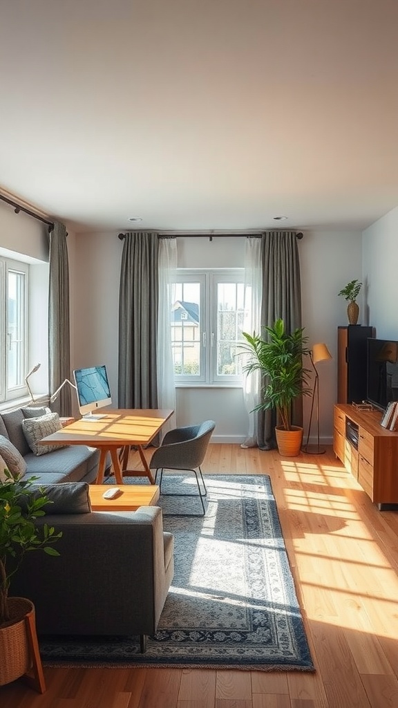 A modern living room with a workspace, featuring large windows, a desk with an apple computer, greenery, and soft lighting.