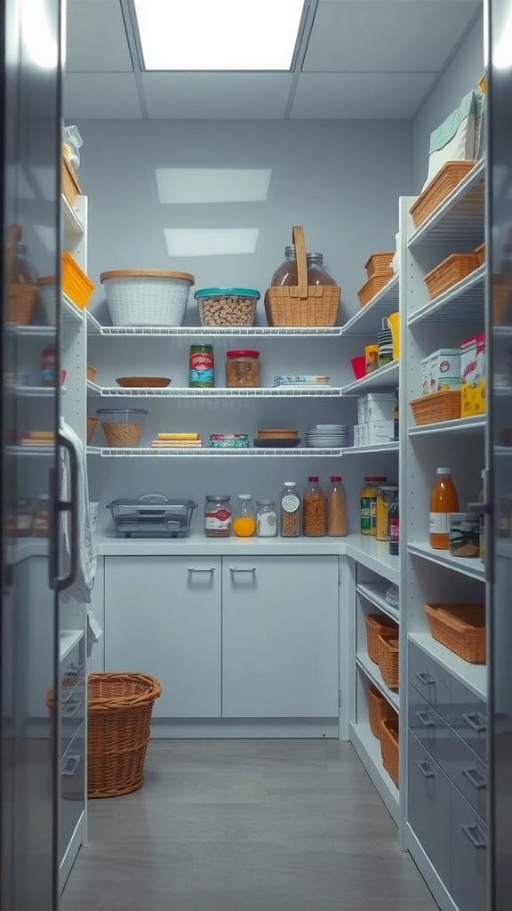 A well-organized pantry with bright overhead lights illuminating shelves and stored items.