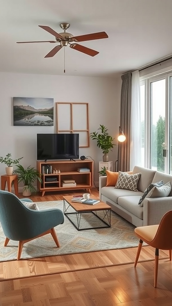 A cozy farmhouse living room featuring multi-purpose furniture, including a stylish coffee table and colorful chairs.