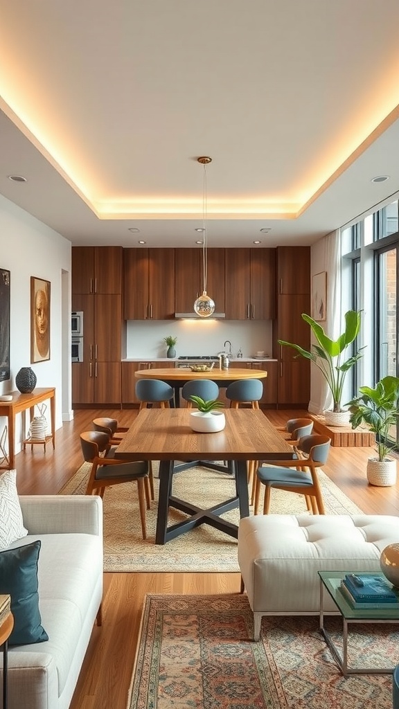 Cozy living room dining room combo with wooden dining table, modern chairs, and greenery.