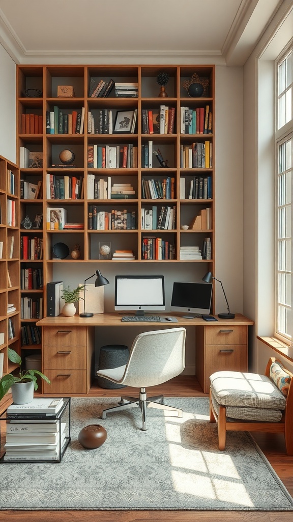 A functional office space with a desk, two monitors, a cozy chair, and a large bookshelf filled with books.