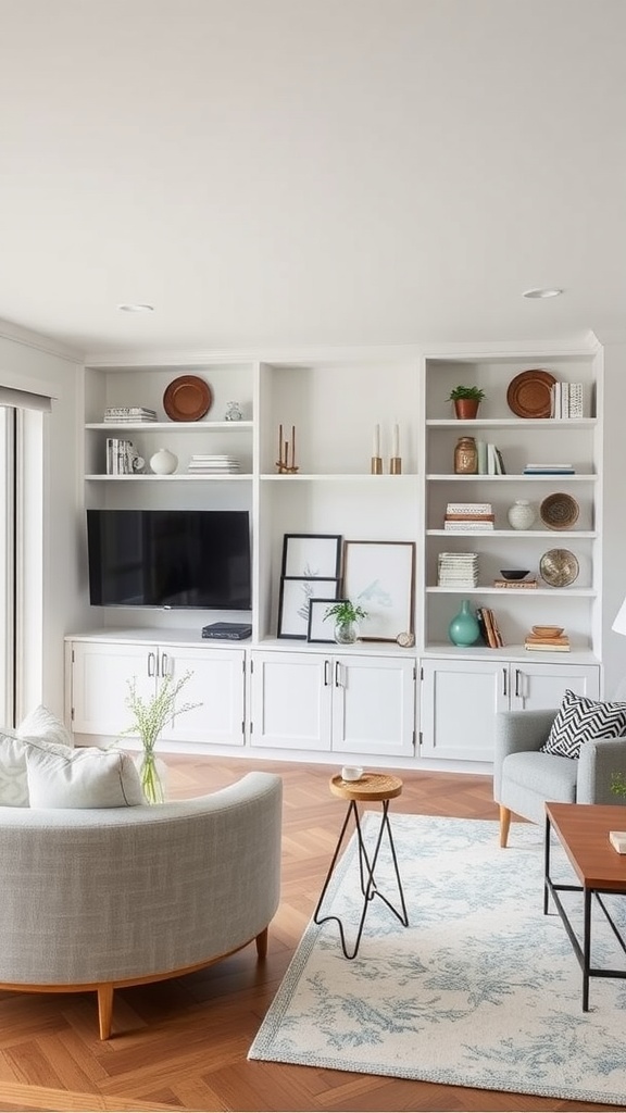 A modern living room with open shelving, featuring decorative items and plants.