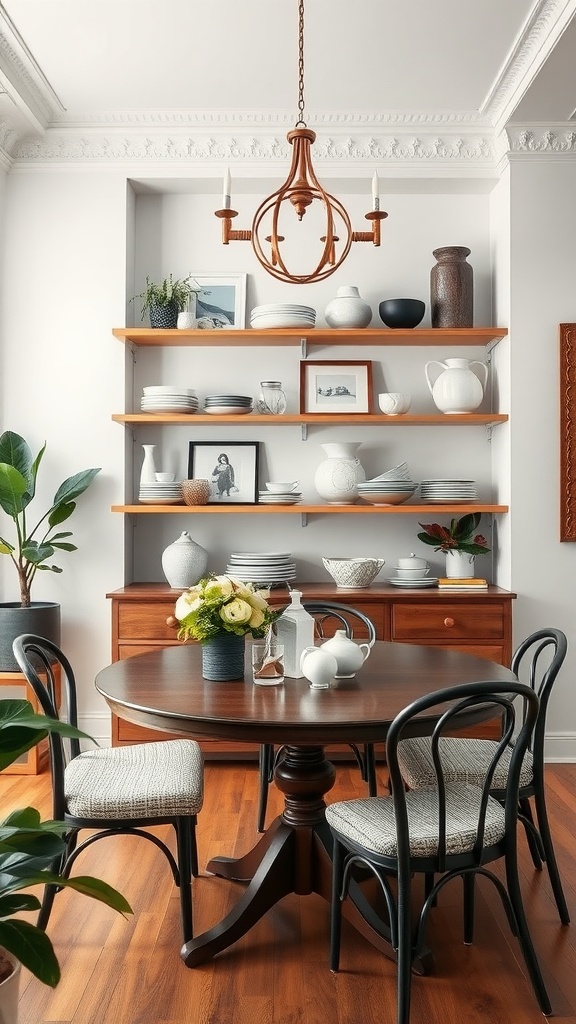 A modern farmhouse dining room featuring functional open shelving with decorative items and dinnerware.