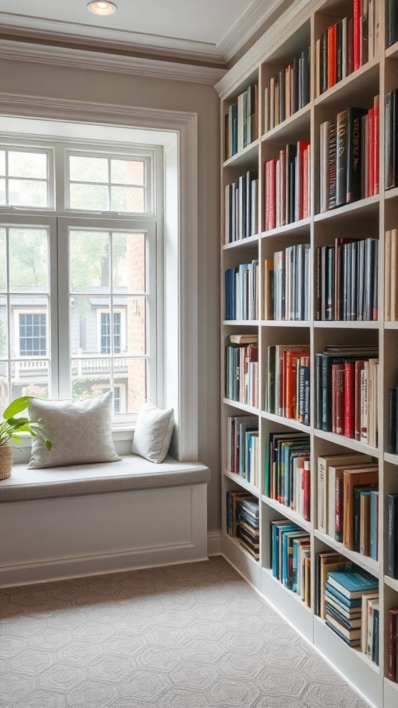 Cozy home library with window seat and organized book shelves