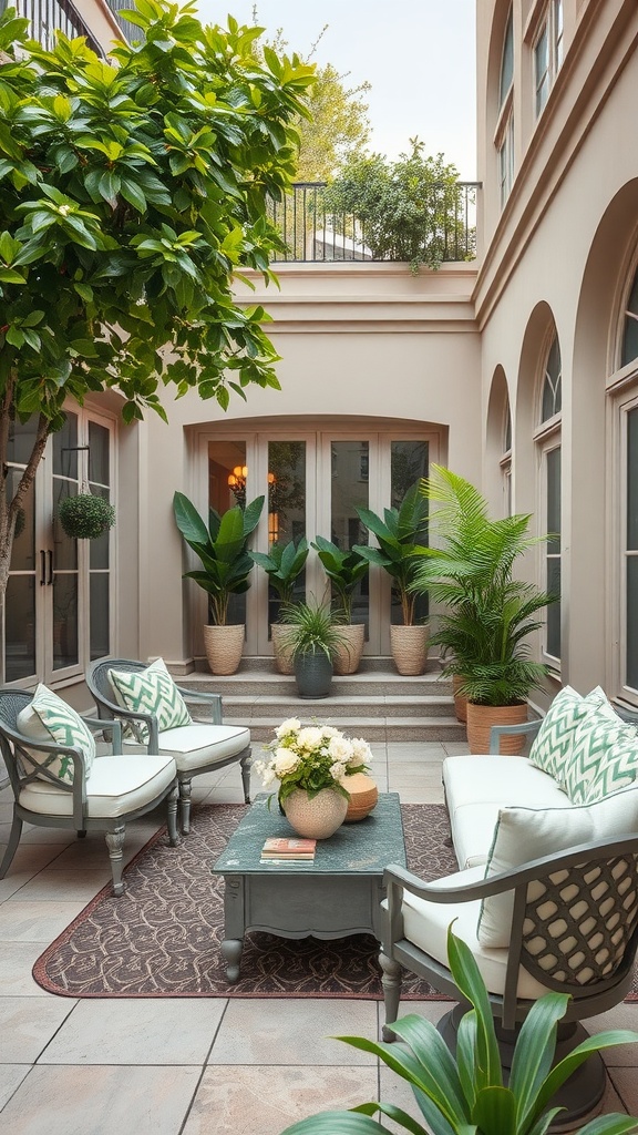 A stylish outdoor patio with comfortable seating, plants, and decorative elements