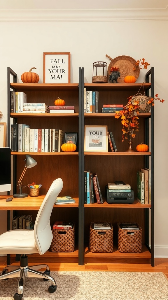 Stylish shelving unit in a cozy home office decorated for fall with books, pumpkins, and storage baskets.