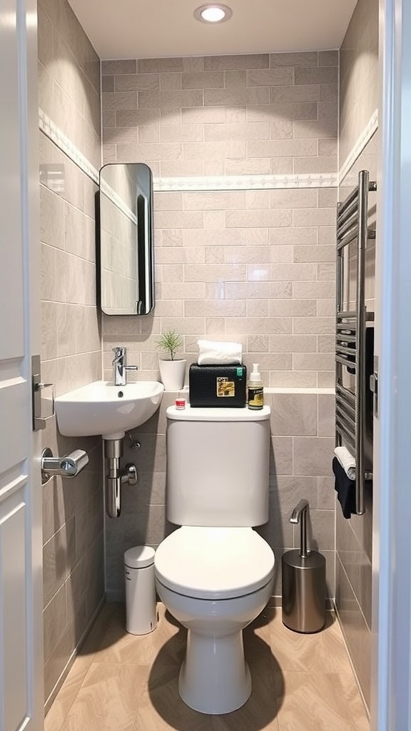 A compact modern bathroom with gray tiles, a small sink, a toilet, and a mirror, showcasing functional design.