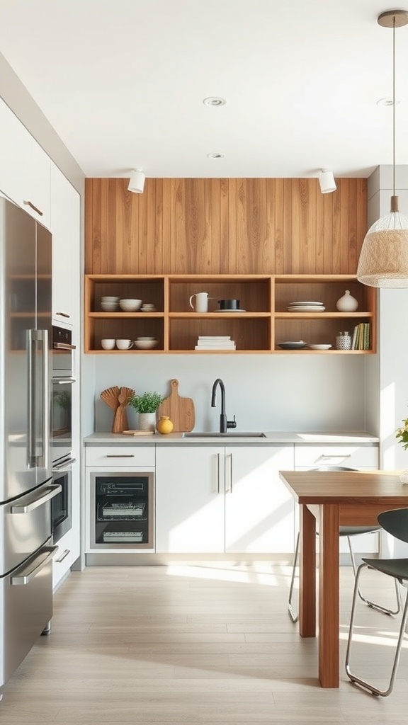 A small modern kitchen with open shelving, stainless steel appliances, and a warm wood accent wall.