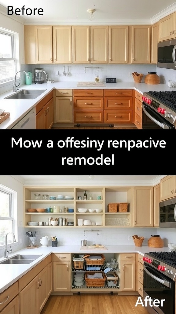 Before and after kitchen remodel showing functional storage solutions