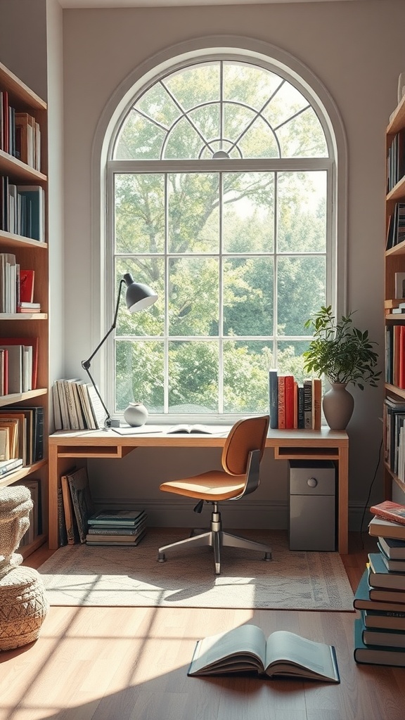 A functional study nook with a desk, chair, and large arched window