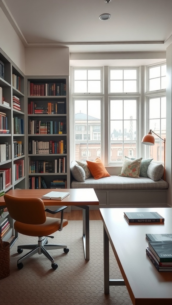 A cozy study area with a window seat, built-in bookshelves filled with colorful books, and a modern desk.