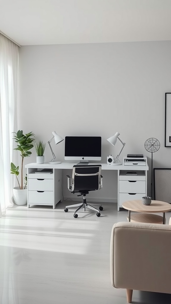 Modern home office with a white desk, black chair, and green plant