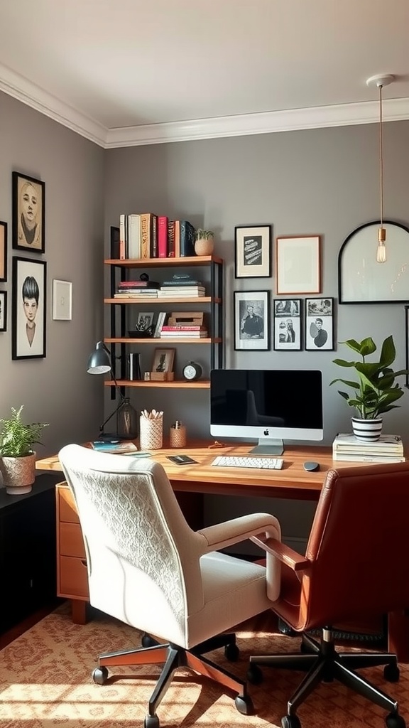 Cozy home office with a wooden desk, comfortable chairs, artwork on the walls, and plants.