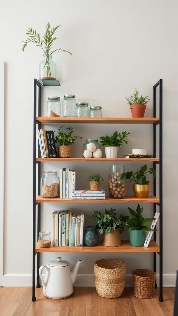 A wooden shelving unit displaying plants, jars, books, and decorative items, creating a functional and decorative element in a country farmhouse living room.