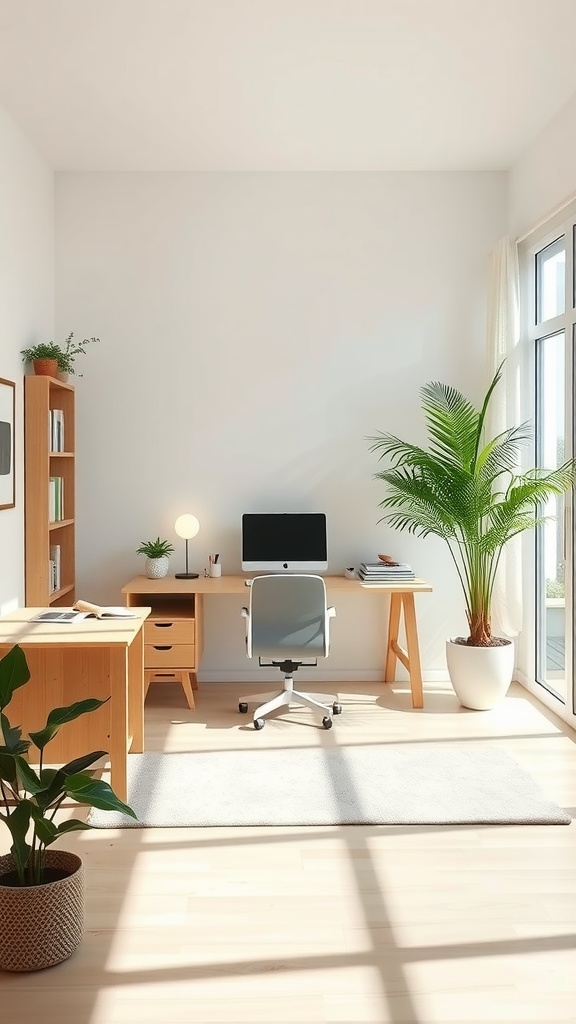 A simple and bright home office space featuring a wooden desk, chair, and plants.