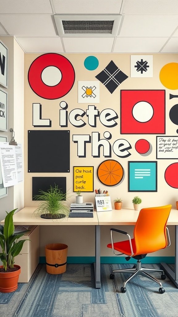 An office workspace featuring a funky retro accent wall with colorful shapes and patterns.