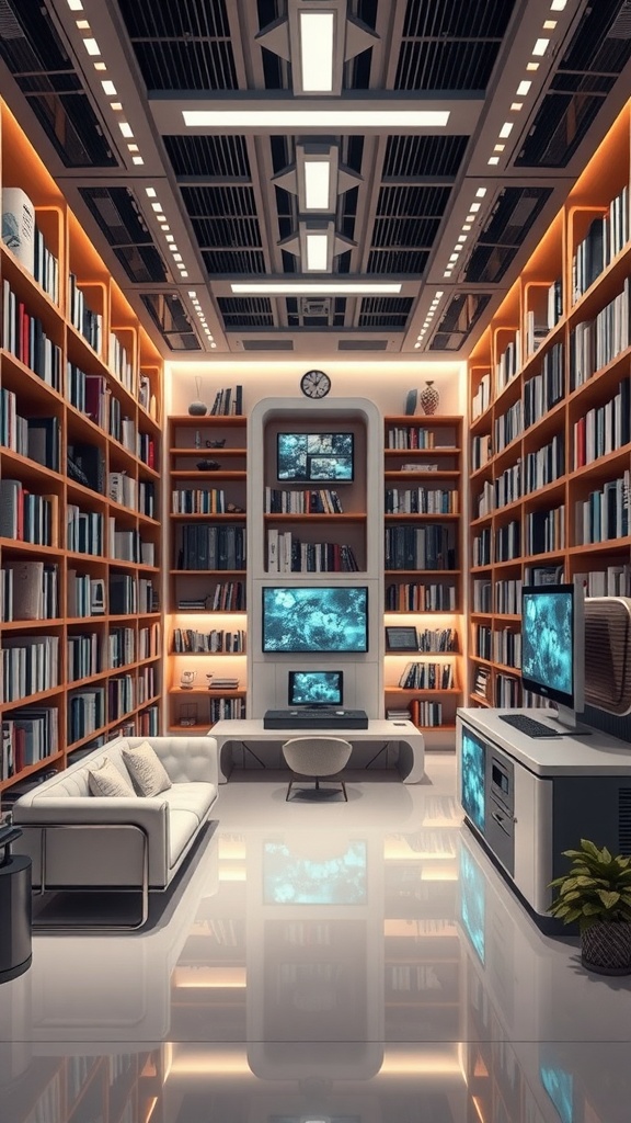 A futuristic library featuring sleek design with illuminated bookshelves, modern furniture, and integrated technology.