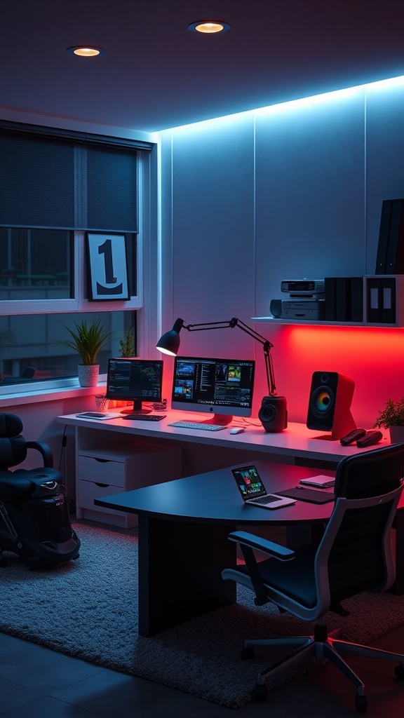 A futuristic home office setup featuring dual monitors, dynamic lighting, and an ergonomic chair.