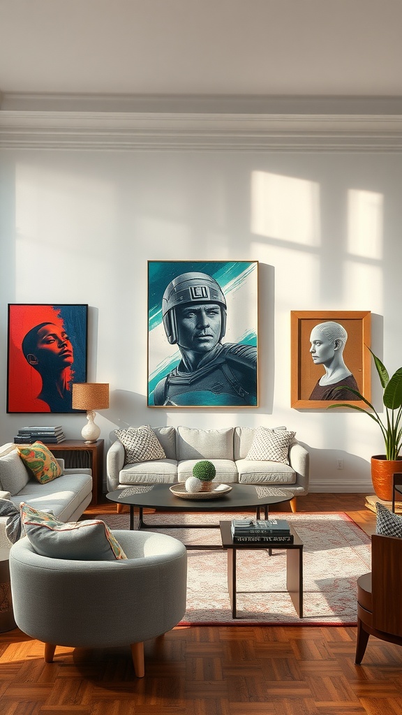 A stylish living room with blue-gray walls, vibrant artwork, and modern furniture.