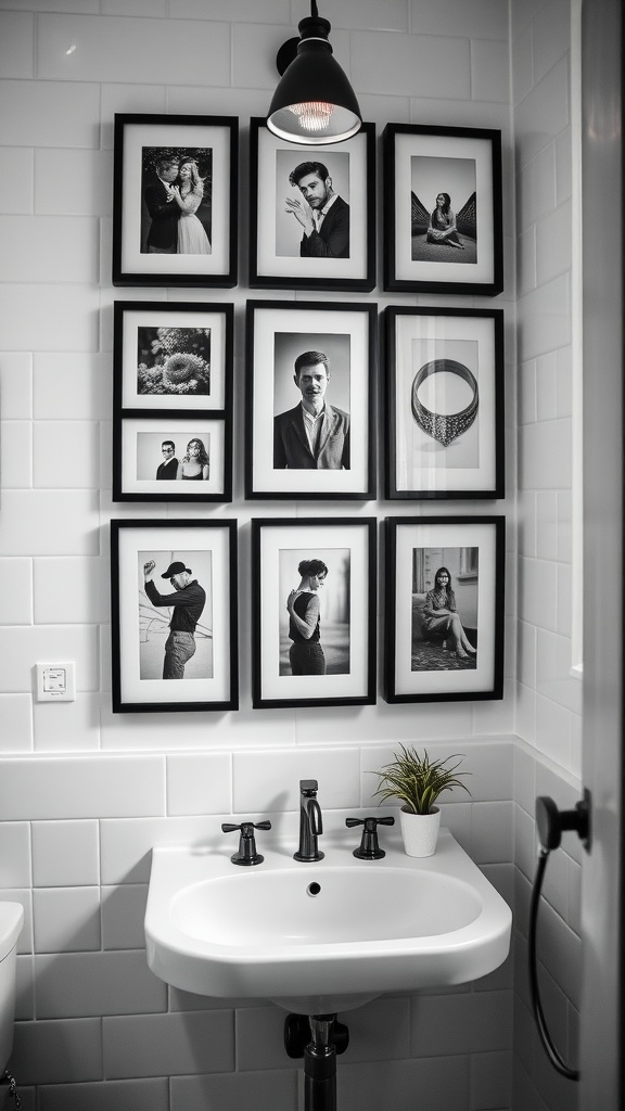 Gallery wall featuring black and white photography frames in a bathroom