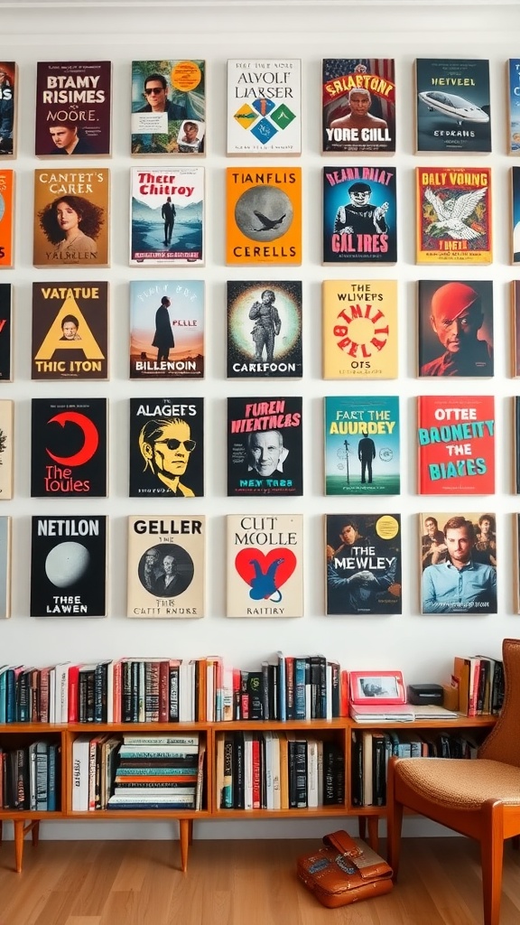 A gallery wall displaying a variety of colorful book covers, with a cozy reading area below.