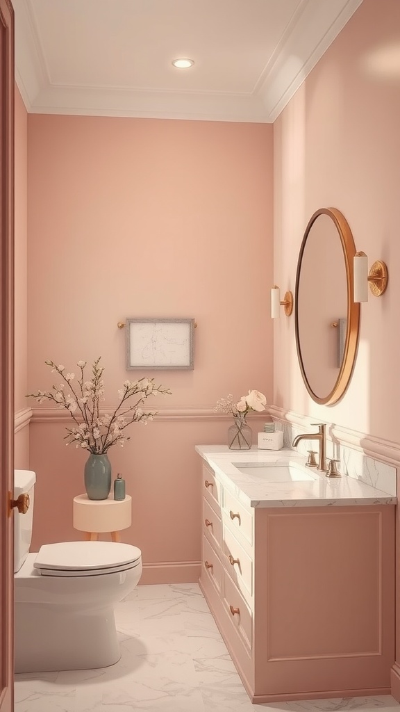 A bathroom featuring blush pink walls and a marble countertop