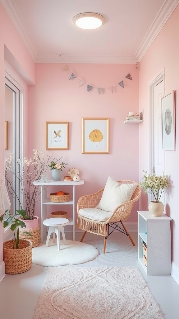 A cozy small room with pastel pink walls, featuring a rattan chair, side tables, and decorative items.
