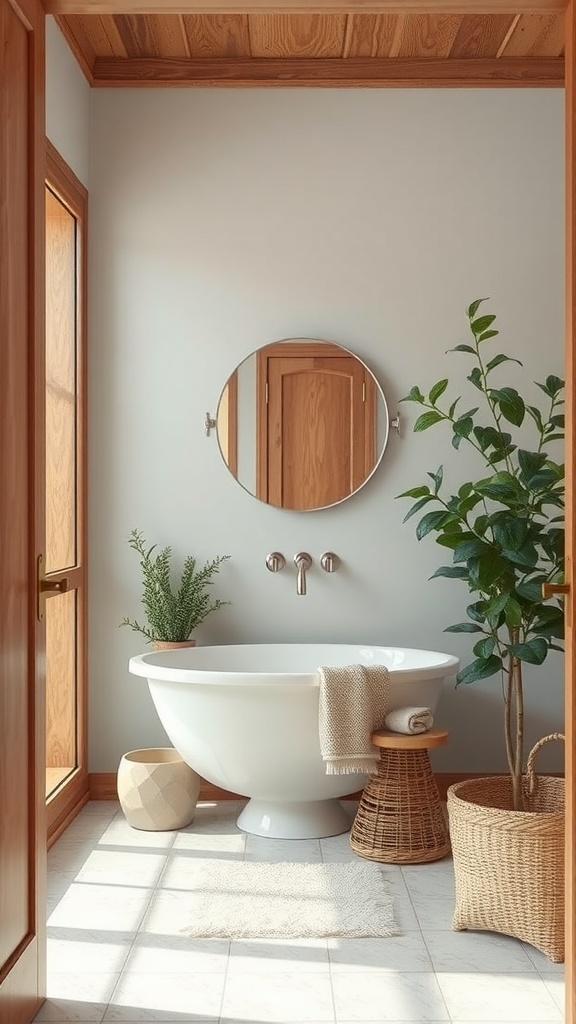 A serene bathroom featuring a freestanding tub, gentle blue-gray walls, wooden accents, and greenery.