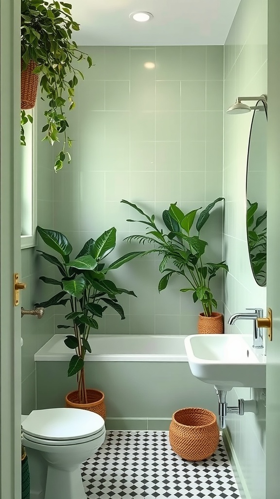 A small bathroom featuring gentle sage green tiles with plants and a modern sink.