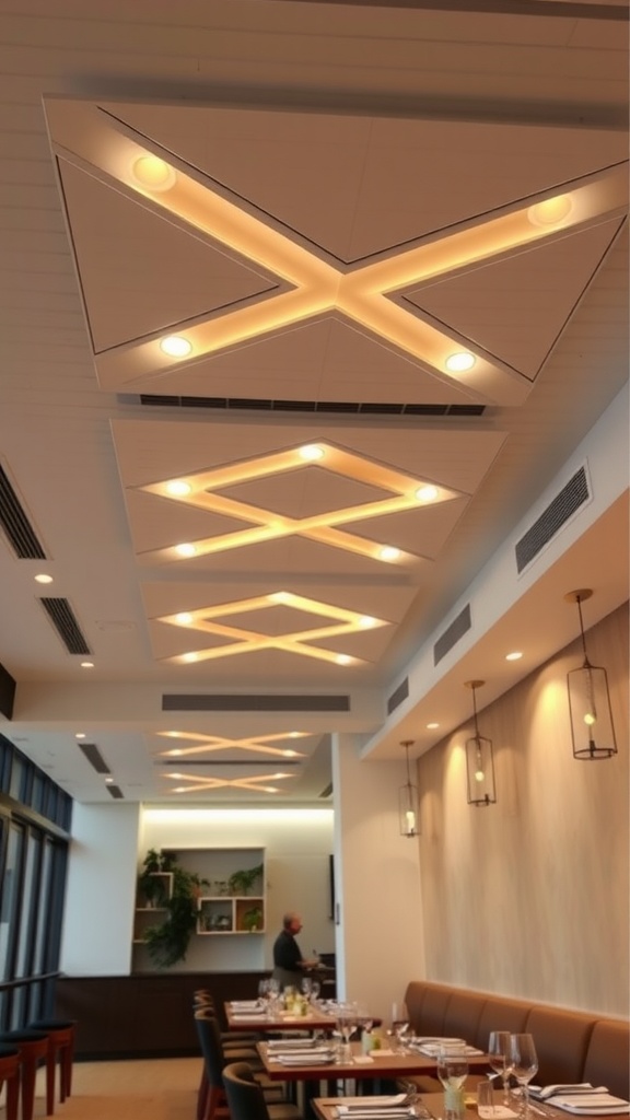 A dining room with geometric recessed lighting patterns on the ceiling.