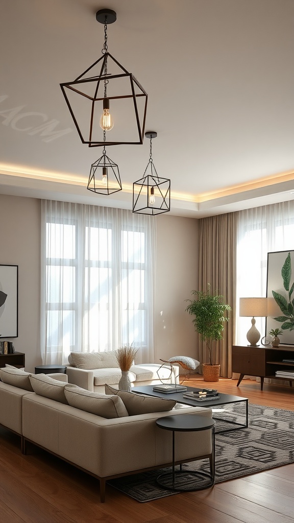 Modern living room featuring geometric pendant lights hanging from the ceiling with a cozy and inviting setup.