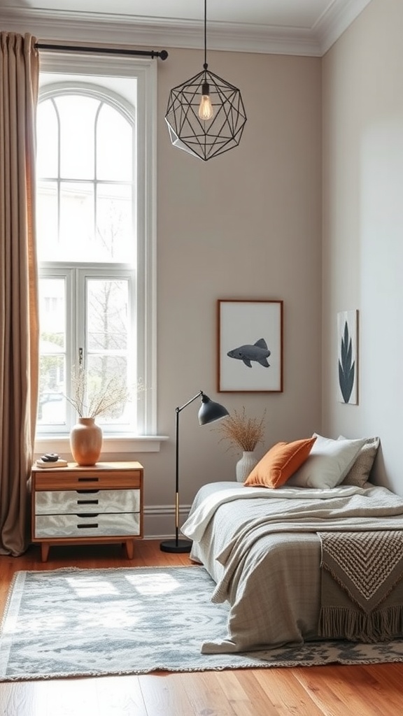 A boho bedroom featuring a geometric pendant light, warm bedding, and natural decor elements.